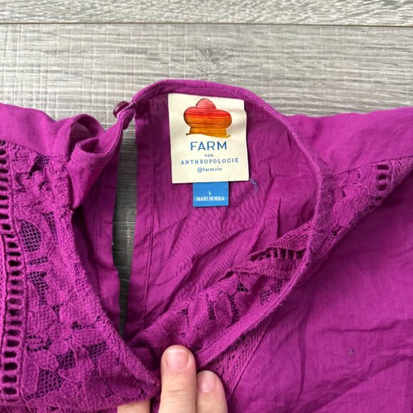 Farm Rio Anthropologie Kelsie Purple Cotton Lace Puff Sleeve Top Sz Large Blouse - Picture 6 of 10